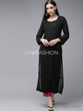 Premium black georgette long kurta with slip and intricate chikankari embroidery by LVW Fashion, stylish traditional Indian wear.