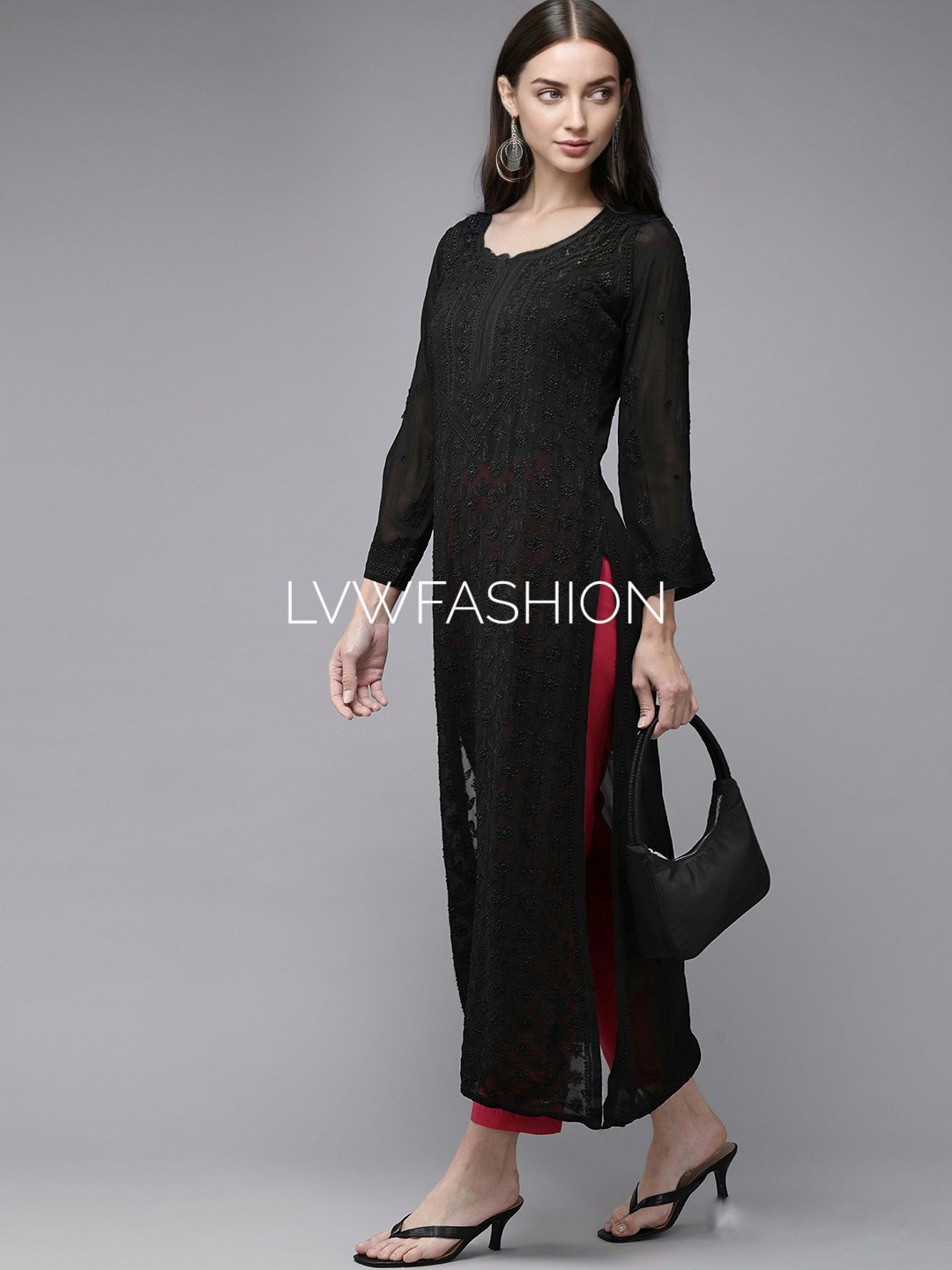 Premium black georgette long kurta with slip from LVW Fashion Luxurious Chikankari, featuring intricate embroidery and a comfortable fit.