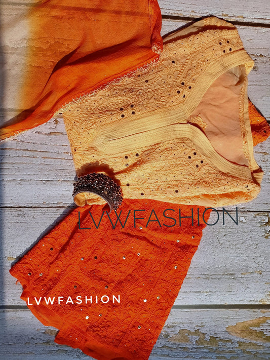 Luxurious LVW Fashion double shades georgette kurta and dupatta set with intricate chikankari embroidery.