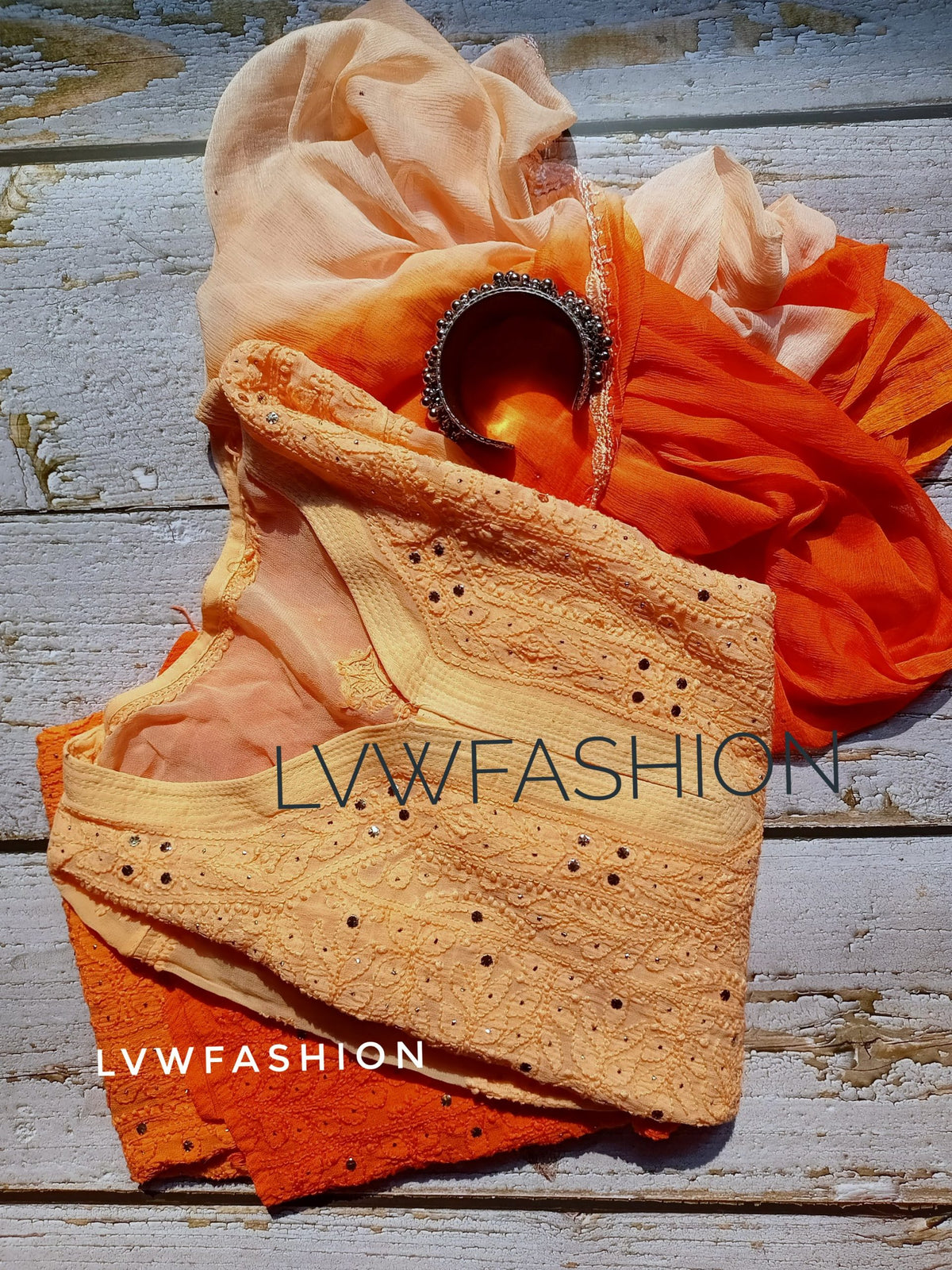 Luxurious Chikankari double shades georgette kurta and dupatta set by LVW Fashion, featuring intricate embroidery and elegant design.