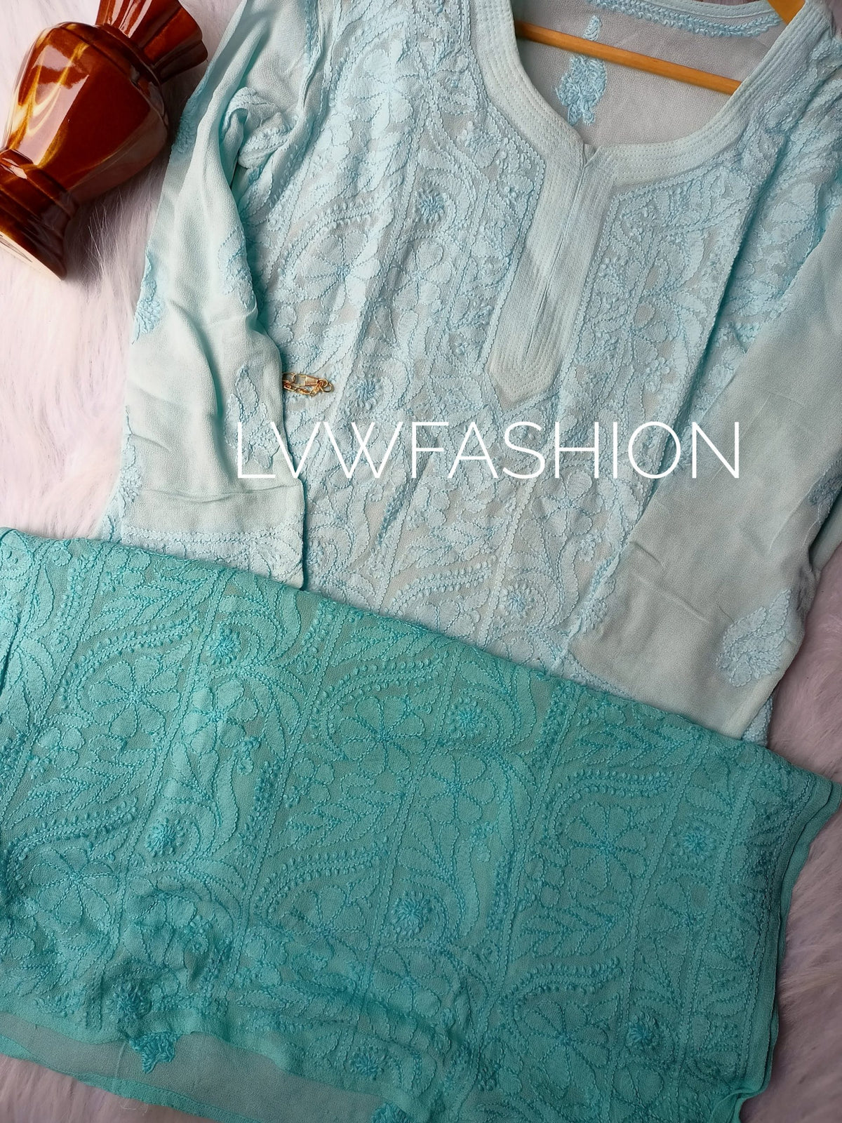 Premium Firozi Ombre Dyed Kurta with slip from LVW Fashion Luxurious Chikankari, showcasing intricate embroidery and elegant fabric.