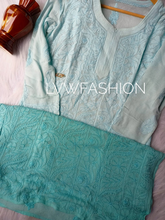 Premium Firozi Ombre Dyed Kurta with slip from LVW Fashion Luxurious Chikankari, showcasing intricate embroidery and elegant fabric.