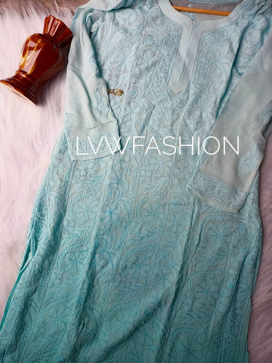Premium Firozi Ombre Dyed Kurta with slip by LVW Fashion Luxurious Chikankari, showcasing intricate embroidery and soft fabric.
