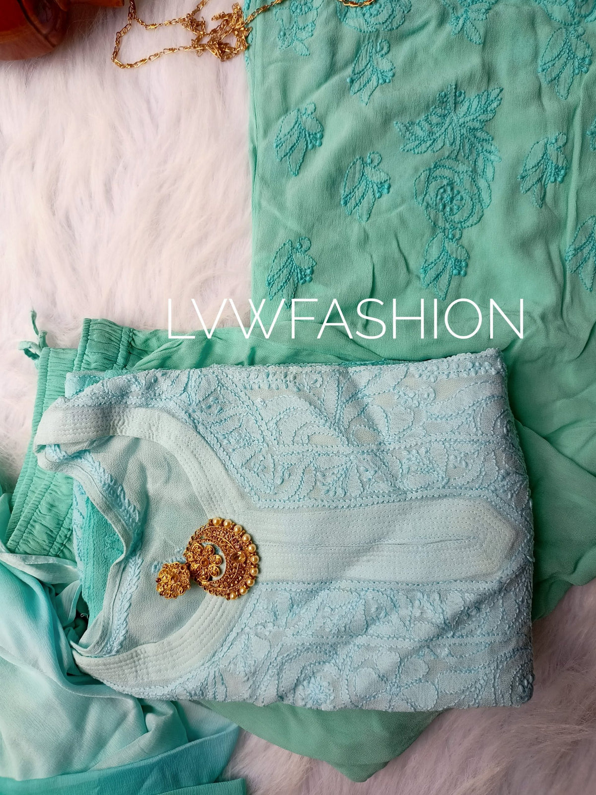 Premium Firozi Ombre Dyed Kurta with slip by LVW Fashion Luxurious Chikankari, showcasing intricate embroidery and vibrant color.