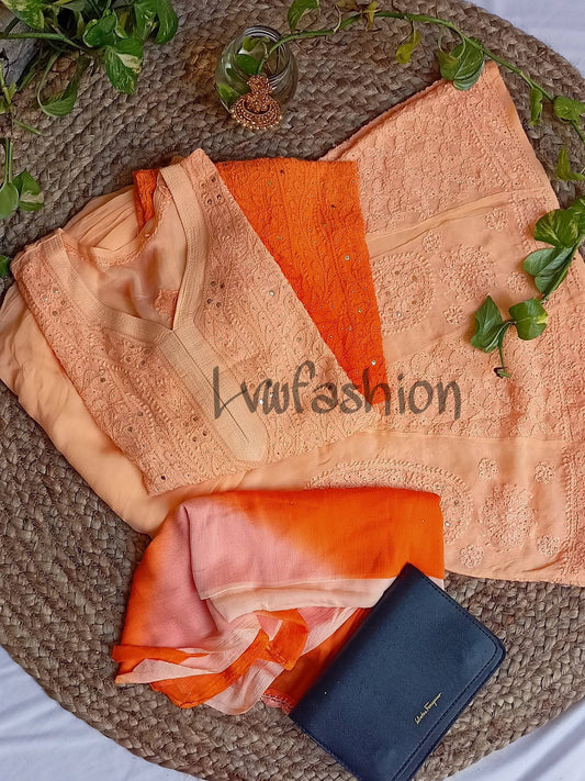 Rust orange ombre georgette 3-piece set by LVW Fashion with intricate chikankari embroidery, featuring flowing fabric and elegant design.