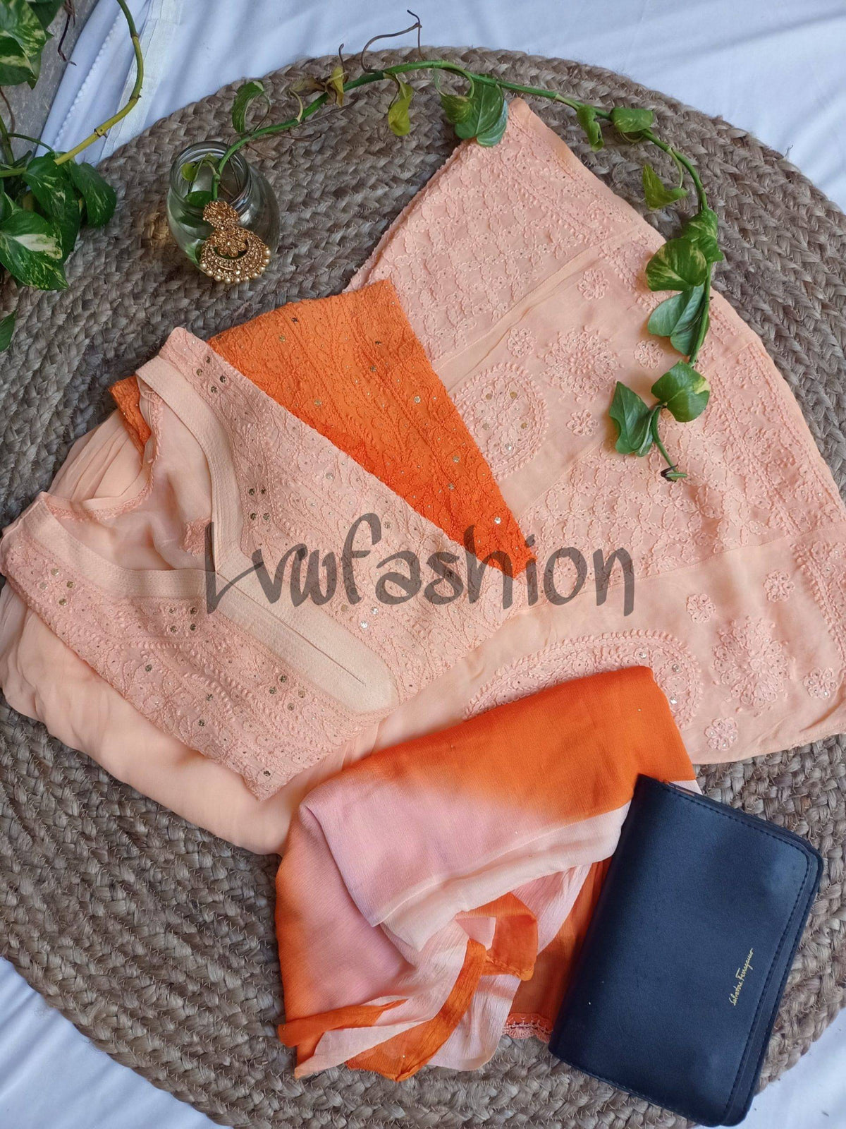 Luxurious rust orange ombre Georgette 3-piece set with Chikankari embroidery from LVW Fashion, elegant traditional ensemble.