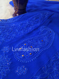 Blue premium georgette 3-piece set with slip by LVW Fashion Luxurious Chikankari, featuring intricate embroidery and elegant design.