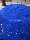 Luxurious blue georgette 3-piece set with slip by LVW Fashion, featuring intricate chikankari embroidery and elegant design.