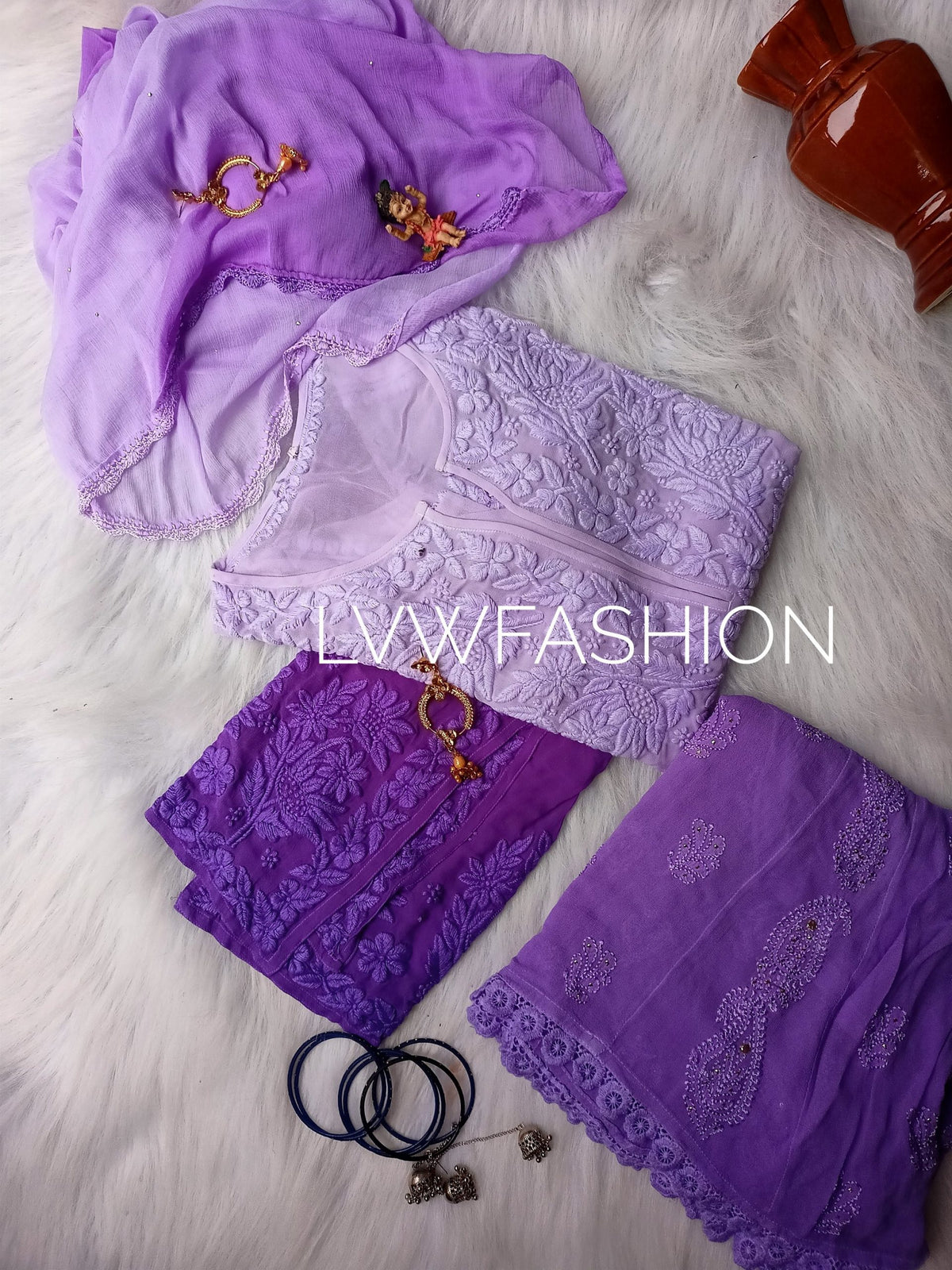Luxurious LVW Fashion Chikankari 3-piece set featuring premium ombre dyed georgette fabric with intricate embroidery.