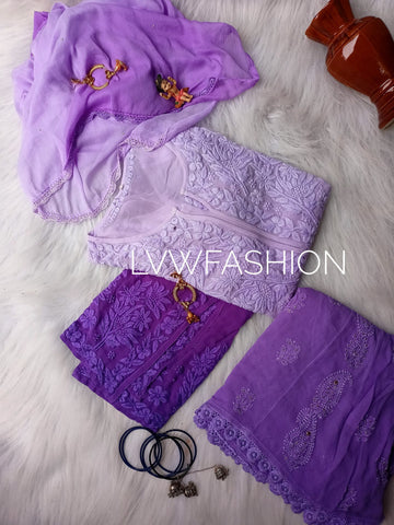 Luxurious LVW Fashion Chikankari 3-piece set featuring premium ombre dyed georgette fabric with intricate embroidery.