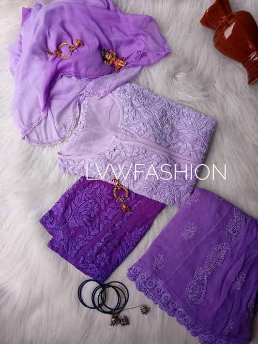 Luxurious LVW Fashion Chikankari three-piece set with ombre dyed georgette fabric, detailed embroidery, and elegant design.