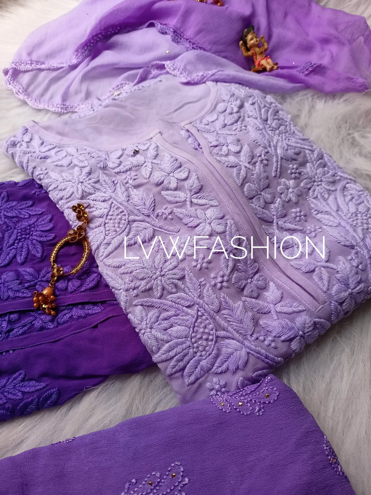 Premium Georgette Ombre Dyed 3-piece set by LVW Fashion featuring elegant Chikankari embroidery and vibrant gradient colors.