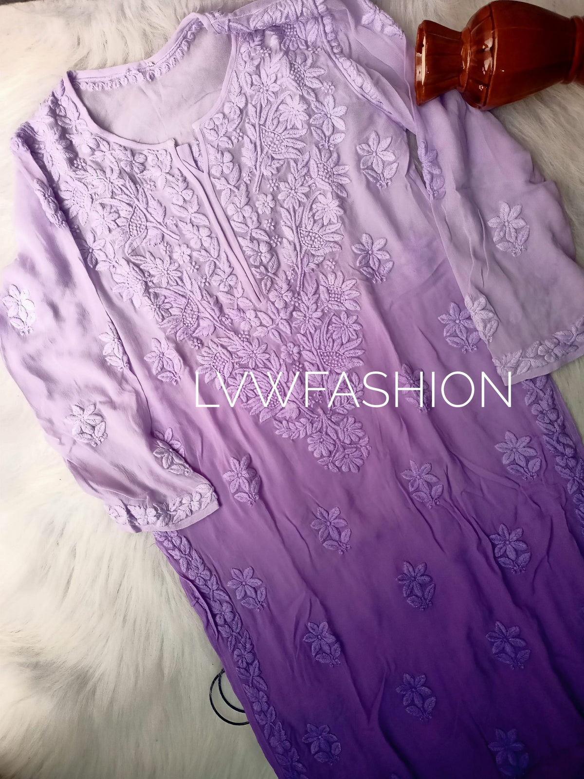 Luxury LVW Fashion Georgette Ombre Dyed 3-piece set with intricate Chikankari embroidery on soft, flowing fabric.