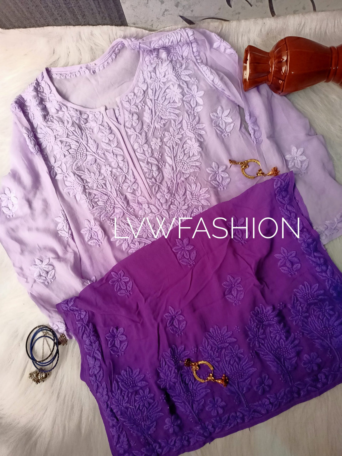 Luxurious LVW Fashion Chikankari premium georgette 3-piece set with ombre dye, featuring intricate embroidery and vibrant colors.