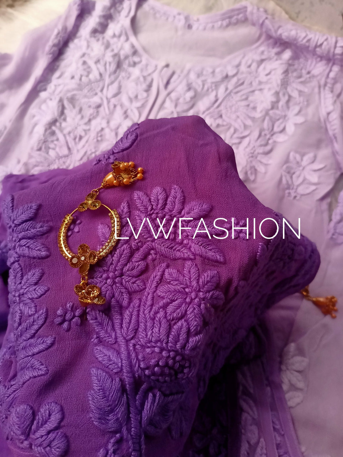Premium georgette ombre dyed 3-piece set by LVW Fashion Luxurious Chikankari, featuring elegant traditional design.