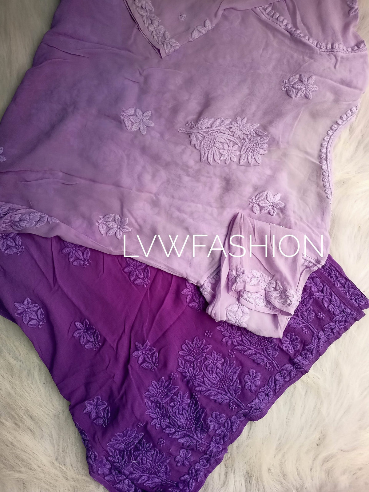 Luxurious LVW Fashion Chikankari premium georgette ombre dyed 3-piece set with intricate embroidery and elegant design.