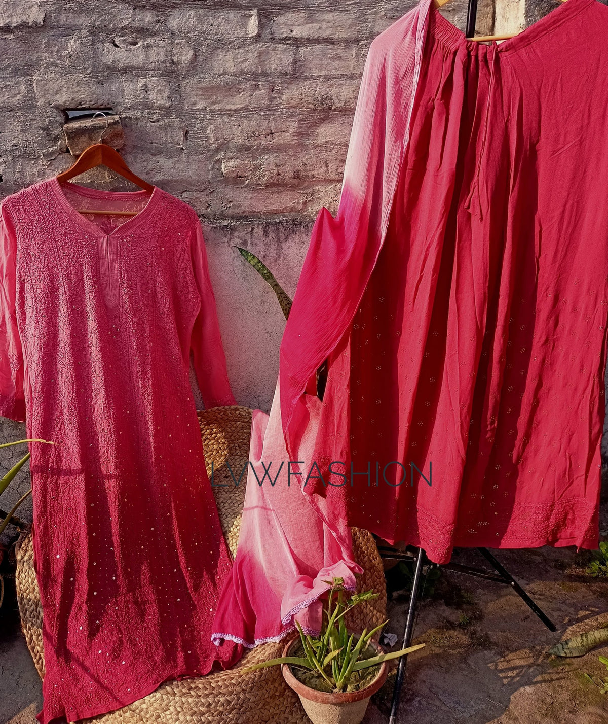 Luxurious LVW Fashion Chikankari premium georgette ombre dyed 3-piece set, featuring elegant fabric and intricate embroidery.