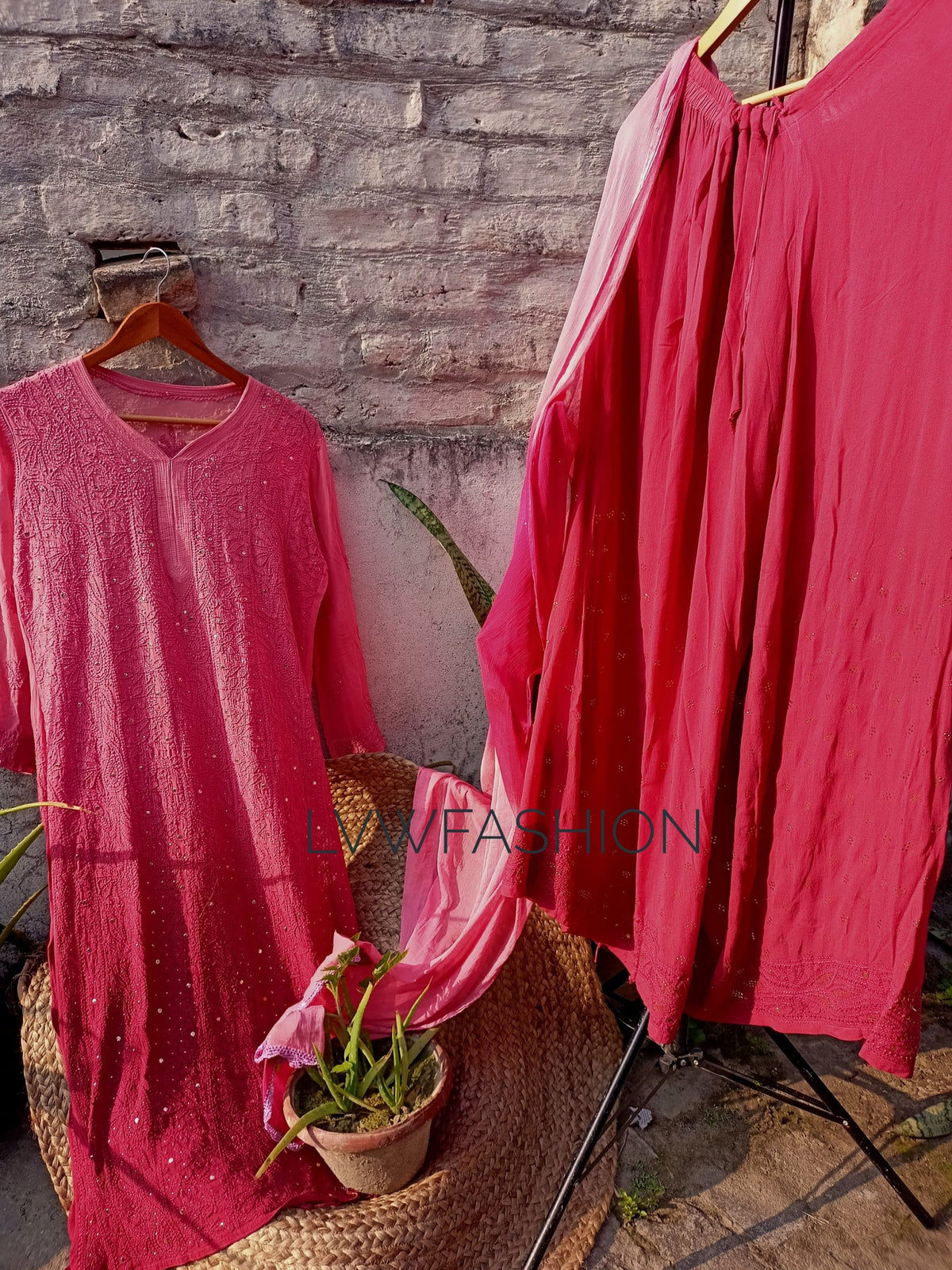 Elegant LVW Fashion luxurious chikankari 3-piece set in premium georgette with ombre dye, featuring intricate embroidery and vibrant colors.