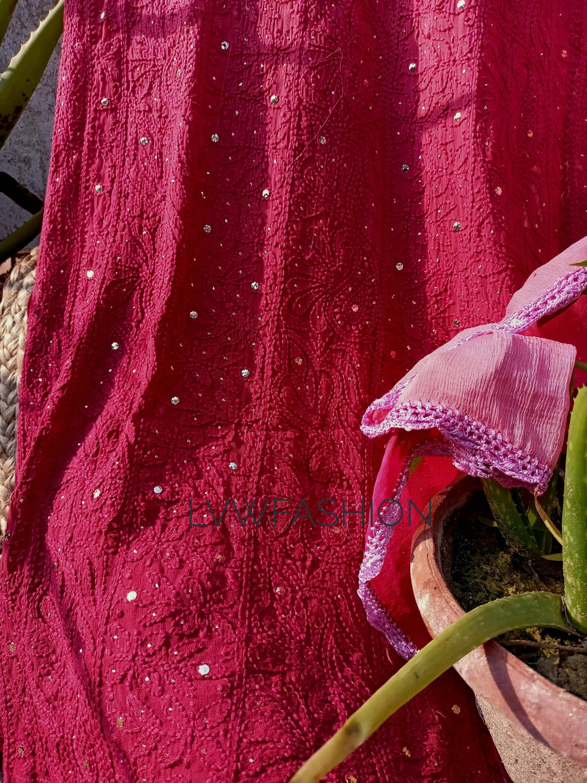 Luxurious LVW Fashion Georgette Ombre Dyed 3-Piece Set with intricate Chikankari embroidery, elegant and vibrant design.
