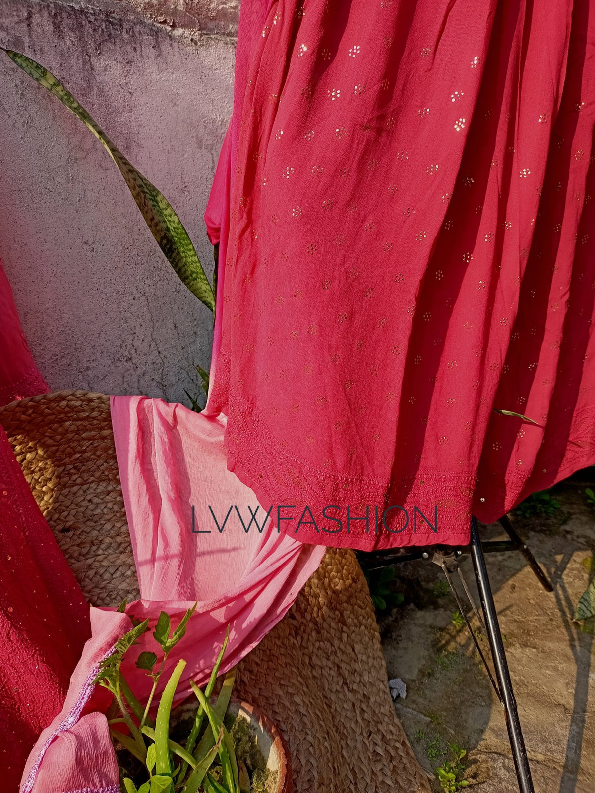Luxurious LVW Fashion Georgette Ombre Dyed 3-piece set with intricate chikankari embroidery, lightweight and elegant for special occasions.