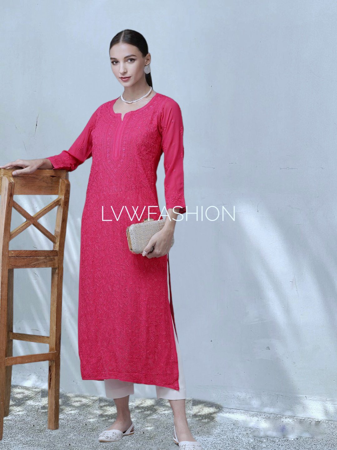 Pink long georgette kurta with intricate chikankari embroidery and inner lining, designed by LVW Fashion Luxurious.