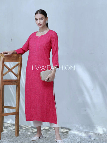 Pink long georgette kurta with intricate chikankari embroidery and inner lining, designed by LVW Fashion Luxurious.