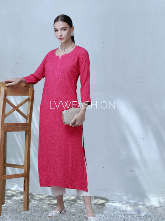Pink long georgette kurta with intricate chikankari embroidery and inner lining, designed by LVW Fashion Luxurious.