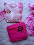 Premium pink tie and dye georgette 3-piece set by LVW Fashion Luxurious Chikankari, featuring traditional embroidery and lightweight fabric.