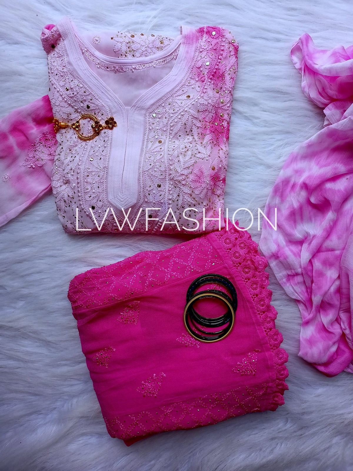 Premium pink tie and dye georgette 3-piece set by LVW Fashion Luxurious Chikankari, featuring traditional embroidery and lightweight fabric.