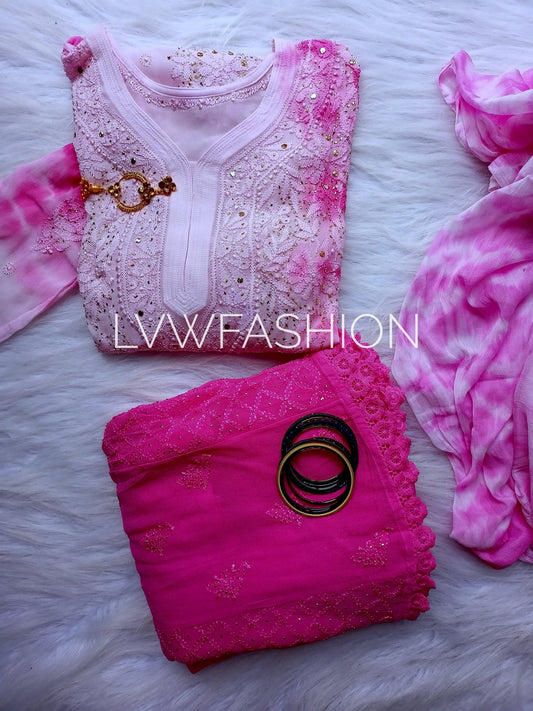 Pink tie and dye georgette 3-piece set by LVW Fashion with luxurious chikankari embroidery and elegant design.
