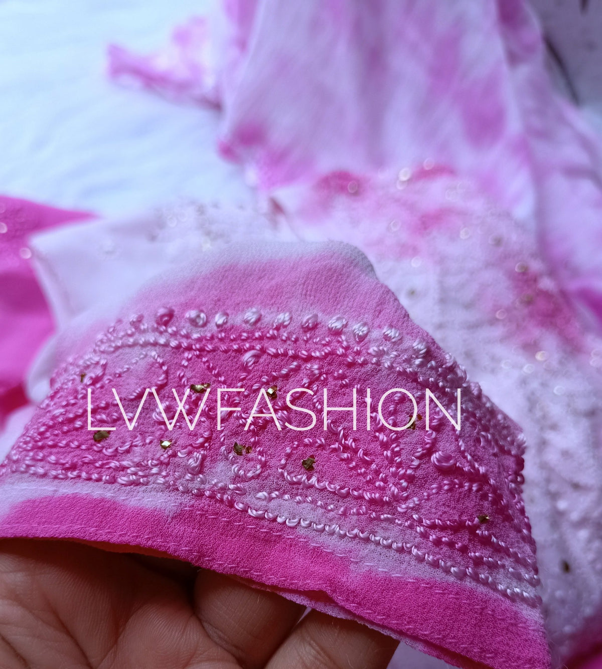 Premium pink tie-dye georgette 3-piece set by LVW Fashion Luxurious Chikankari, featuring elegant fabric and intricate design details.