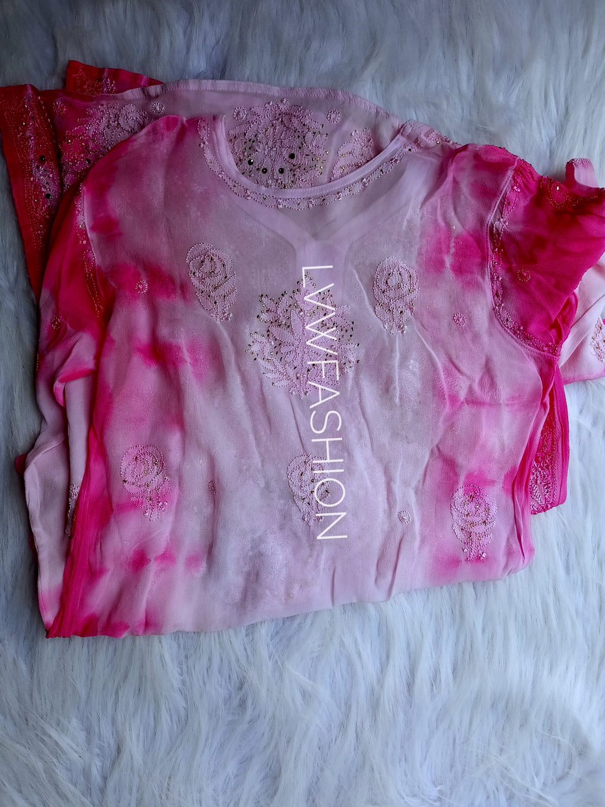 Premium pink georgette tie and dye 3-piece set by LVW Fashion Luxurious Chikankari, featuring elegant fabric and intricate design.