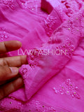 Luxurious pink tie and dye 3-piece set in premium georgette by LVW Fashion with intricate chikankari details.