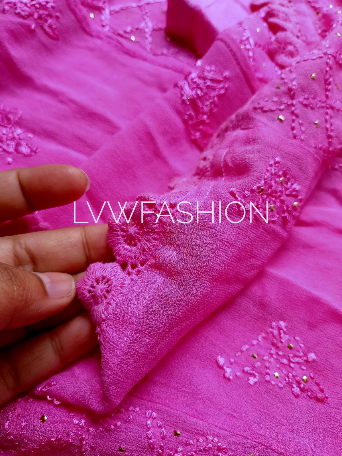 Luxurious pink tie and dye 3-piece set in premium georgette by LVW Fashion with intricate chikankari details.
