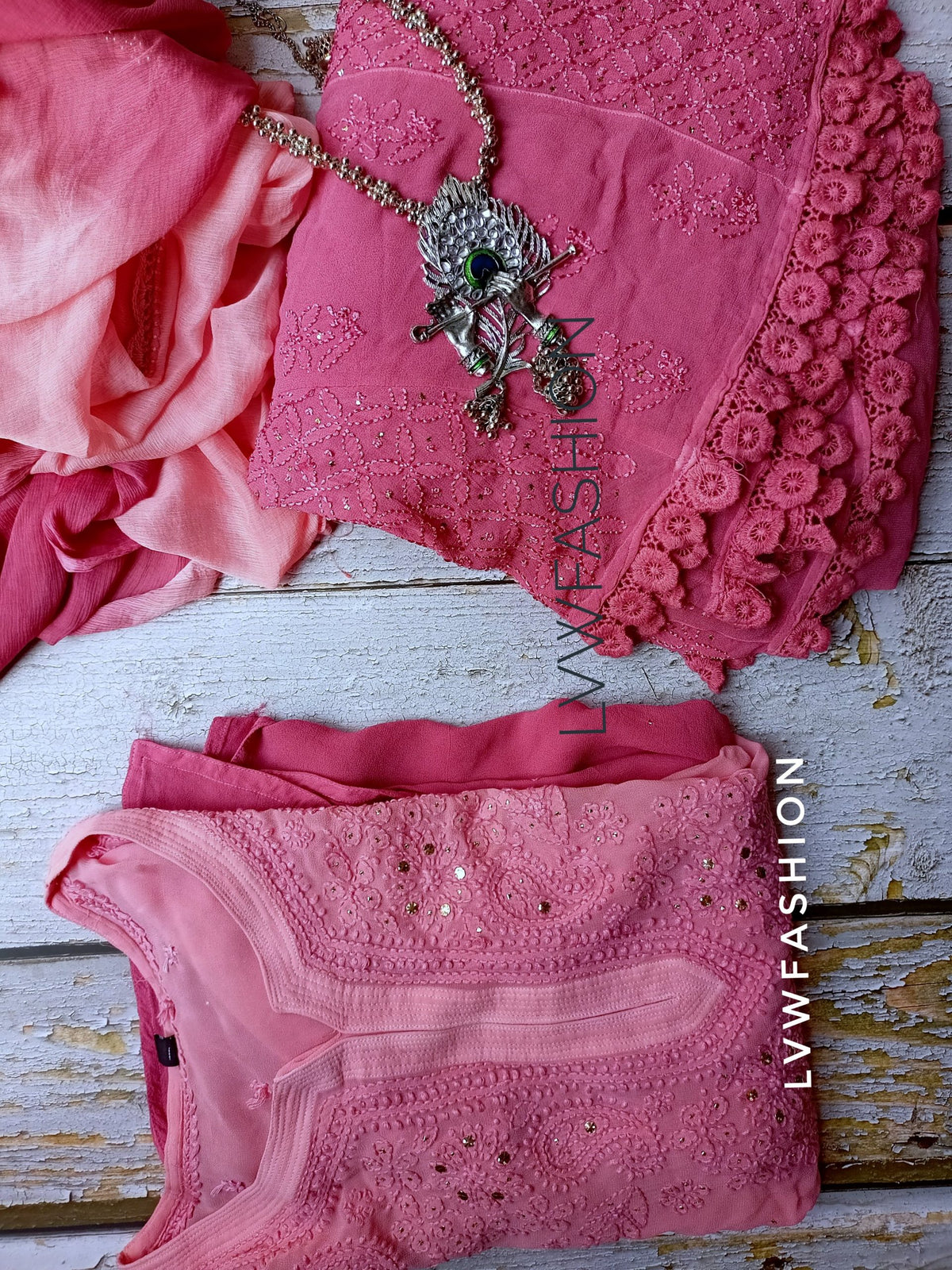 Luxurious LVW Fashion Georgette Rose Pink 3-piece set featuring elegant Chikankari embroidery on flowing fabric