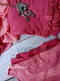 Luxurious LVW Fashion pink Georgette 3-piece set with intricate Chikankari embroidery on rose pink fabric.