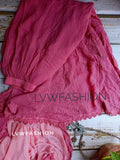Luxurious pink georgette 3-piece set by LVW Fashion with intricate chikankari embroidery, shown on a flat lay.