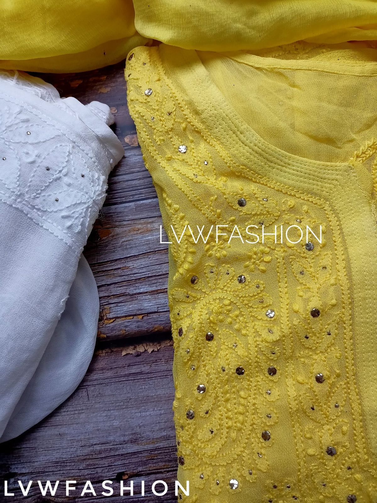 Premium white and yellow georgette Gharara set with intricate Chikankari embroidery by LVW Fashion, featuring a traditional design.
