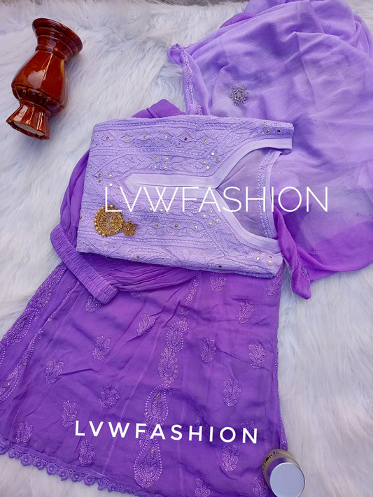 Luxurious lavender ombre dyed 3-piece Chikankari set by LVW Fashion, featuring intricate embroidery and elegant fabric.
