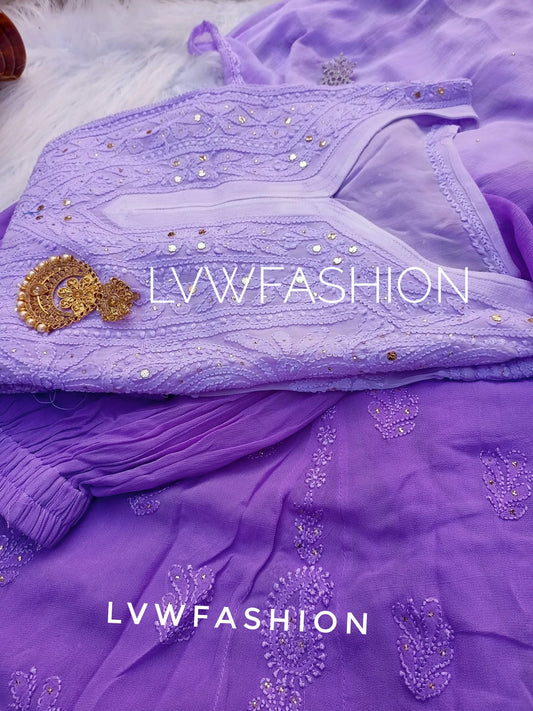 Premium lavender ombre dyed 3-piece set by LVW Fashion featuring luxurious Chikankari embroidery on fabric.