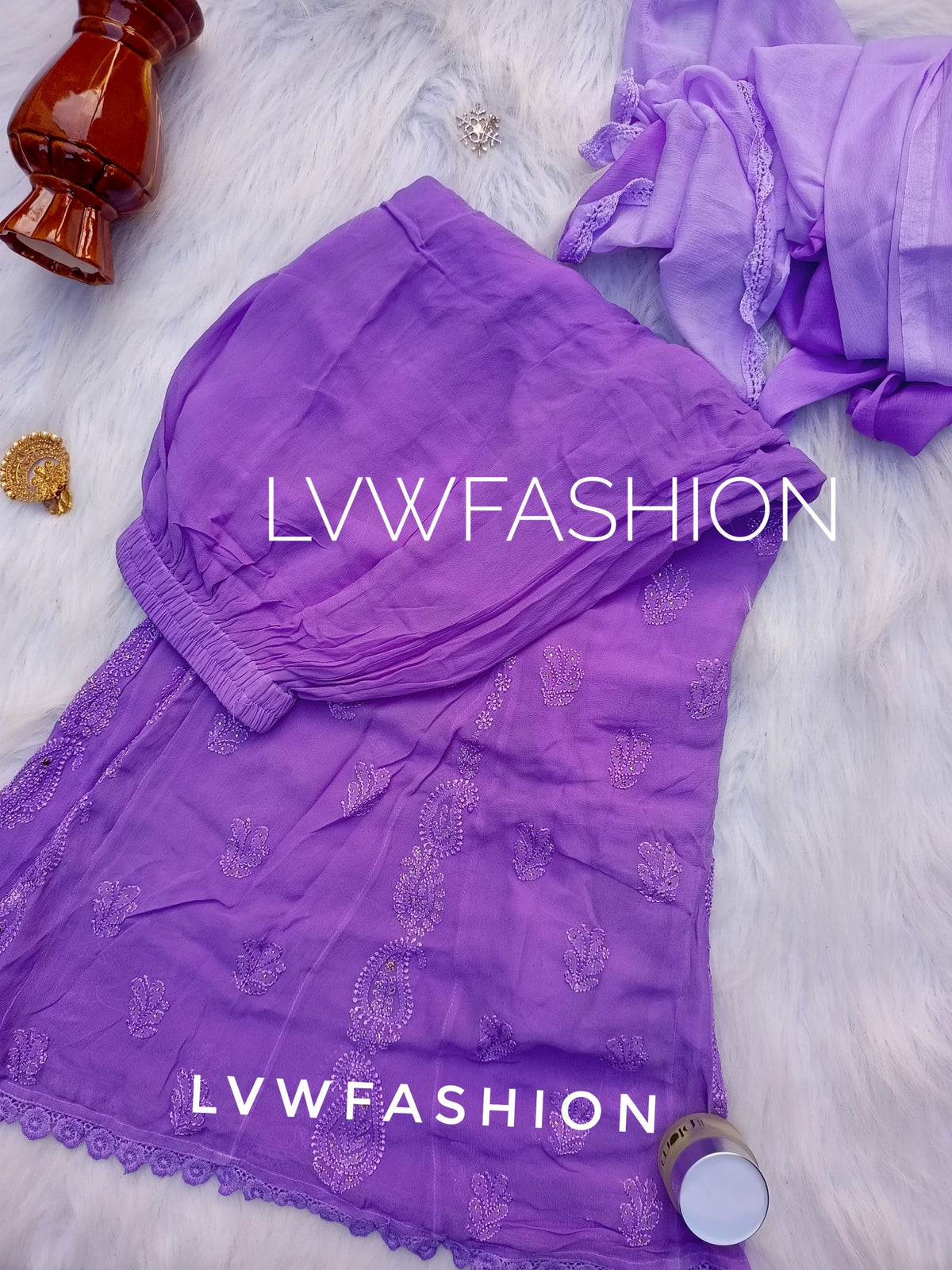 Lavender ombre dyed 3-piece set by LVW Fashion featuring luxurious Chikankari embroidery on soft fabric.