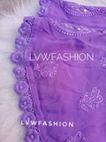 Premium lavender ombre dyed 3-piece Chikankari set by LVW Fashion, showcasing intricate embroidery and elegant fabric details.