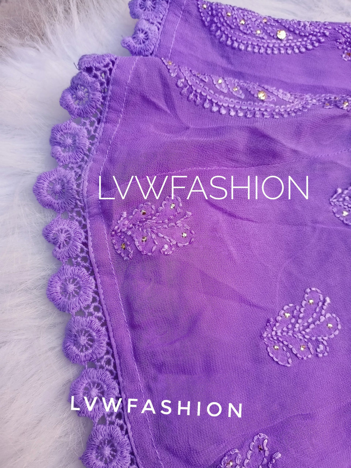 Premium lavender ombre dyed 3-piece Chikankari set by LVW Fashion, showcasing intricate embroidery and elegant fabric details.