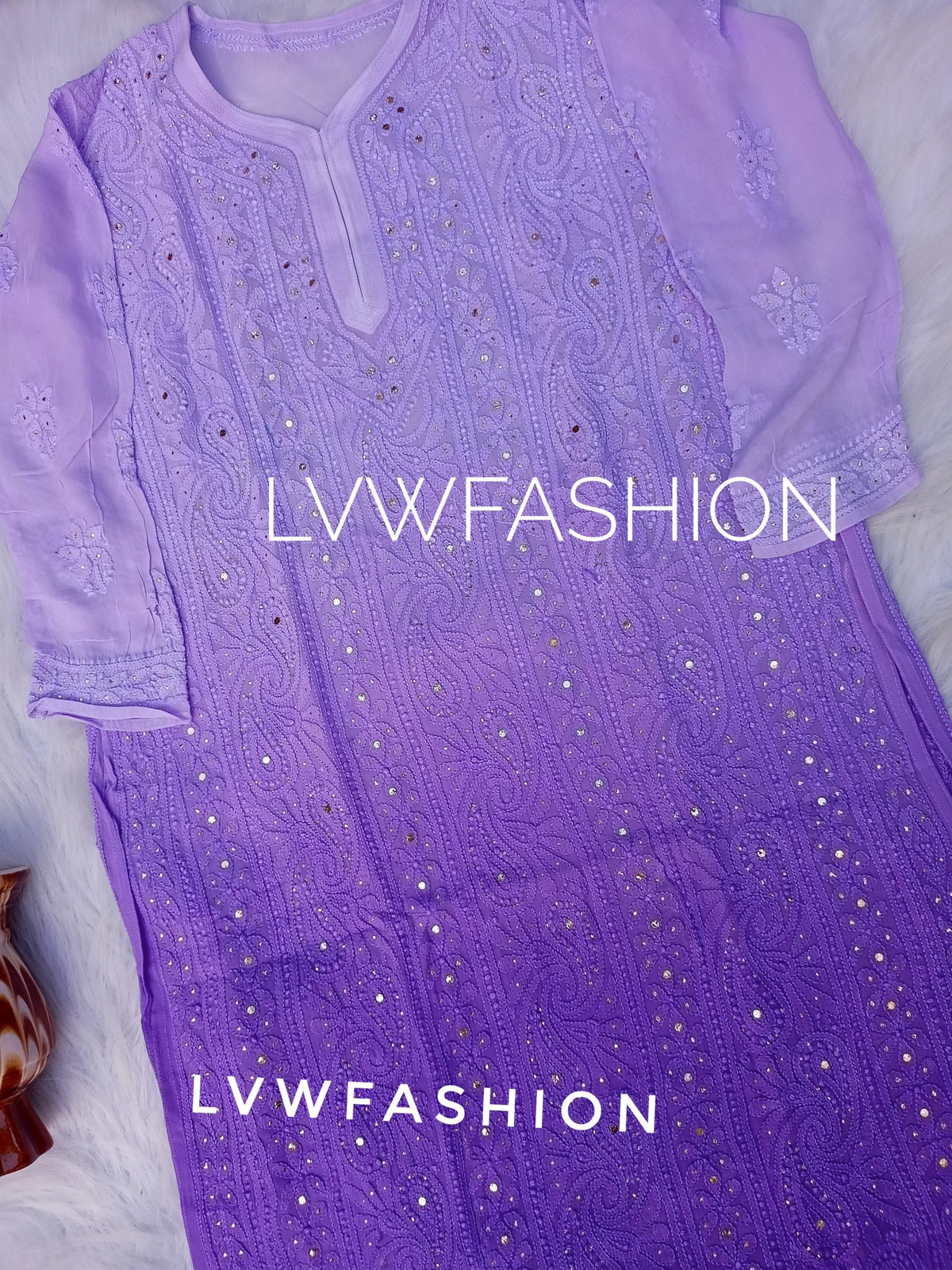 Luxurious lavender ombre dyed 3-piece Chikankari set by LVW Fashion, showcasing intricate hand embroidery and elegant fabric.