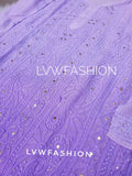 Lavender ombre dyed 3-piece set by LVW Fashion with intricate Chikankari embroidery on luxurious fabric.