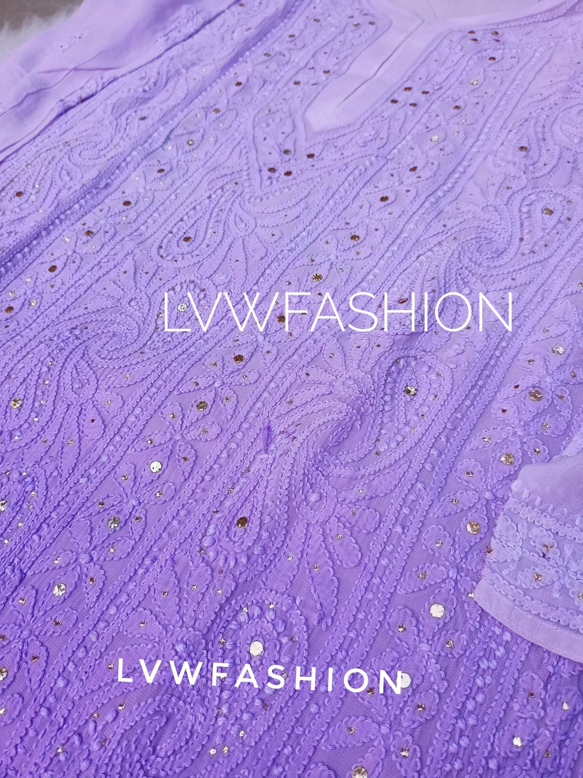 Lavender ombre dyed 3-piece set by LVW Fashion with intricate Chikankari embroidery on luxurious fabric.