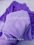 Luxurious lavender ombre dyed 3-piece Chikankari set by LVW Fashion, showcasing intricate embroidery and elegant fabric design.