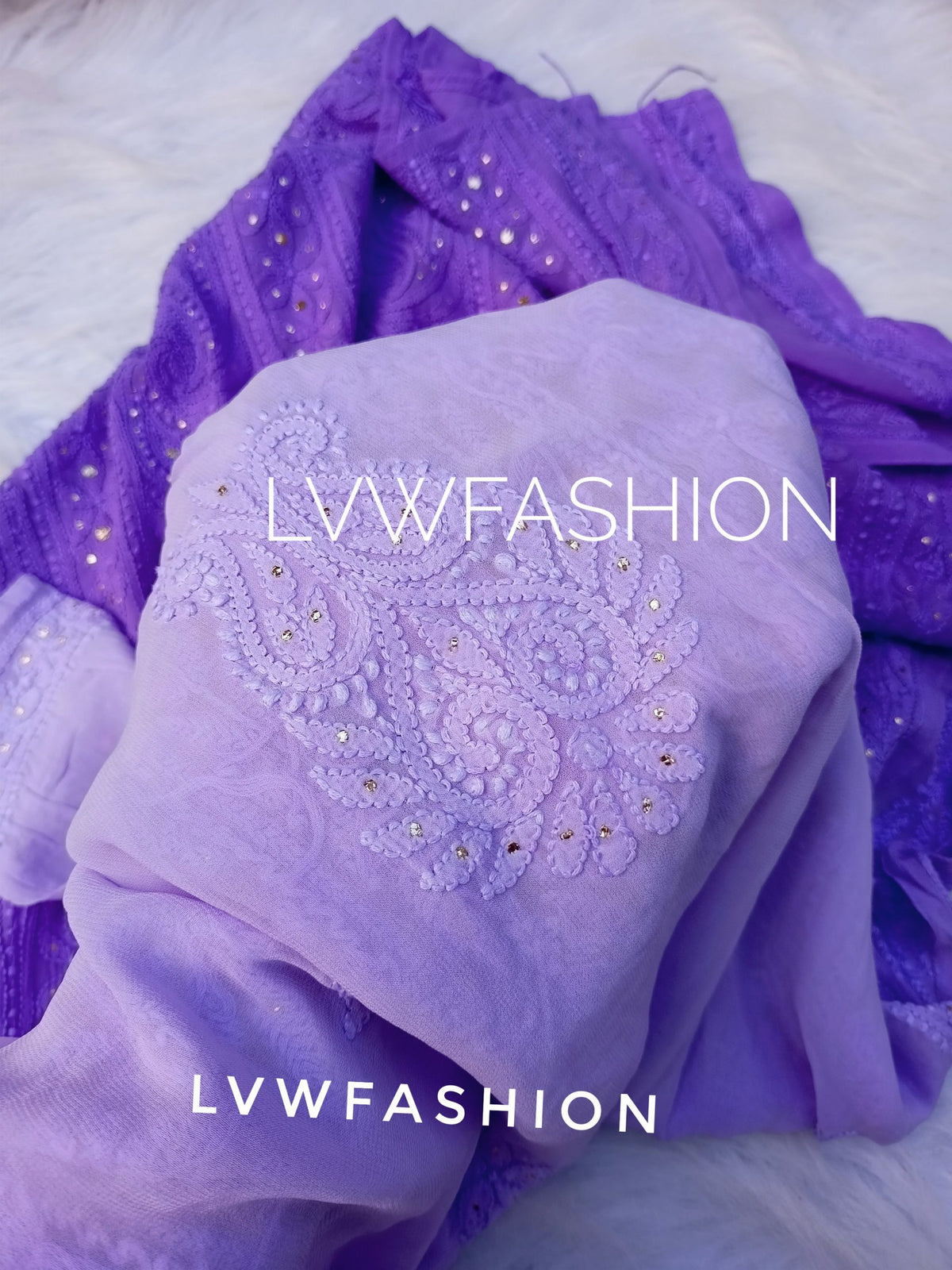 Luxurious lavender ombre dyed 3-piece Chikankari set by LVW Fashion, showcasing intricate embroidery and elegant fabric design.