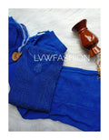 Premium midnight blue georgette 3-piece set by LVW Fashion with intricate chikankari embroidery, elegant and luxurious.