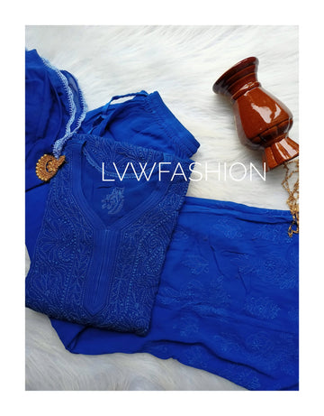 Premium midnight blue georgette 3-piece set by LVW Fashion with intricate chikankari embroidery, elegant and luxurious.